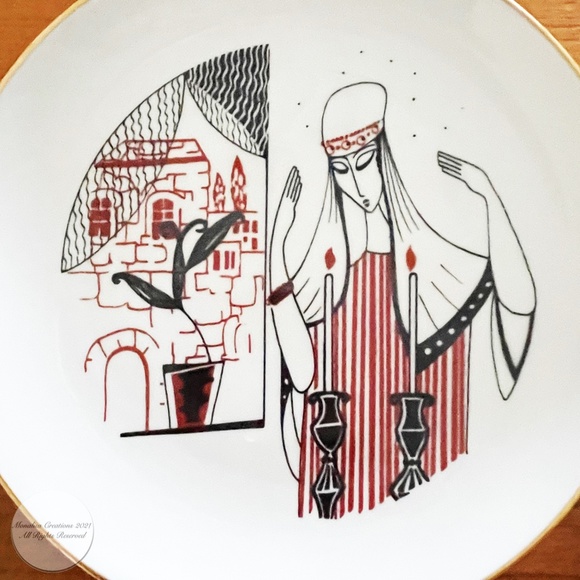 Naaman Israel Porcelain Plates Set of 8 Pieces Vintage Folklore Motif Judaica - Picture 14 of 15